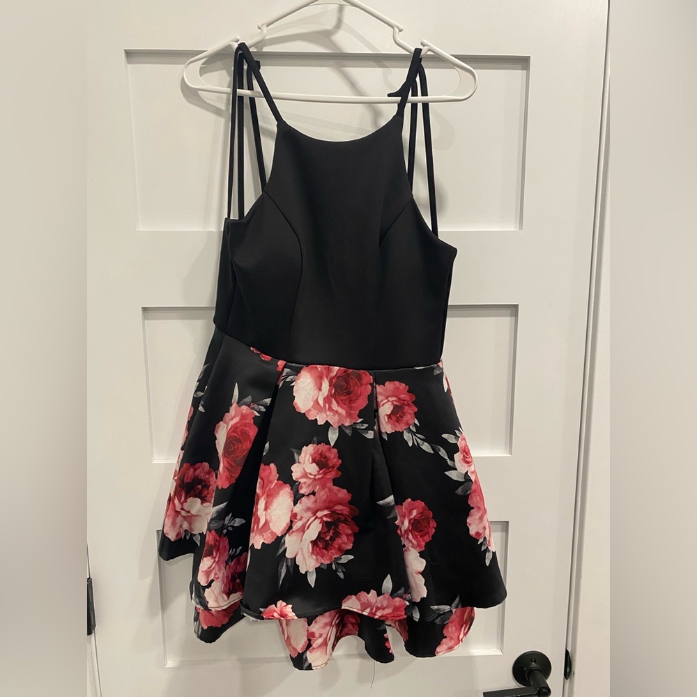 Speechless brand, size 5, and is a black dress with pink floral pattern